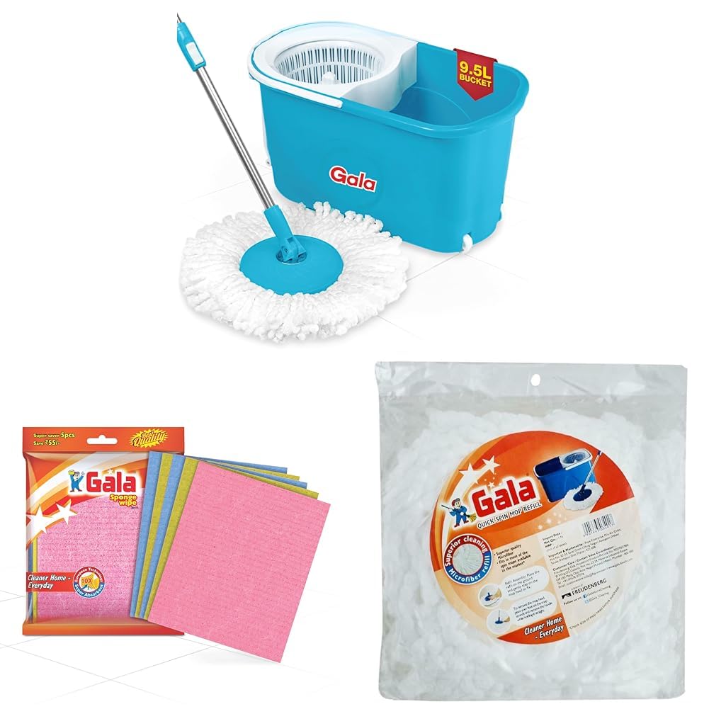 e-Quick Spin Mop, Easy Wheels & Big Bucket with 2 Microfiber Refills, Floor Cleaning Mop with B