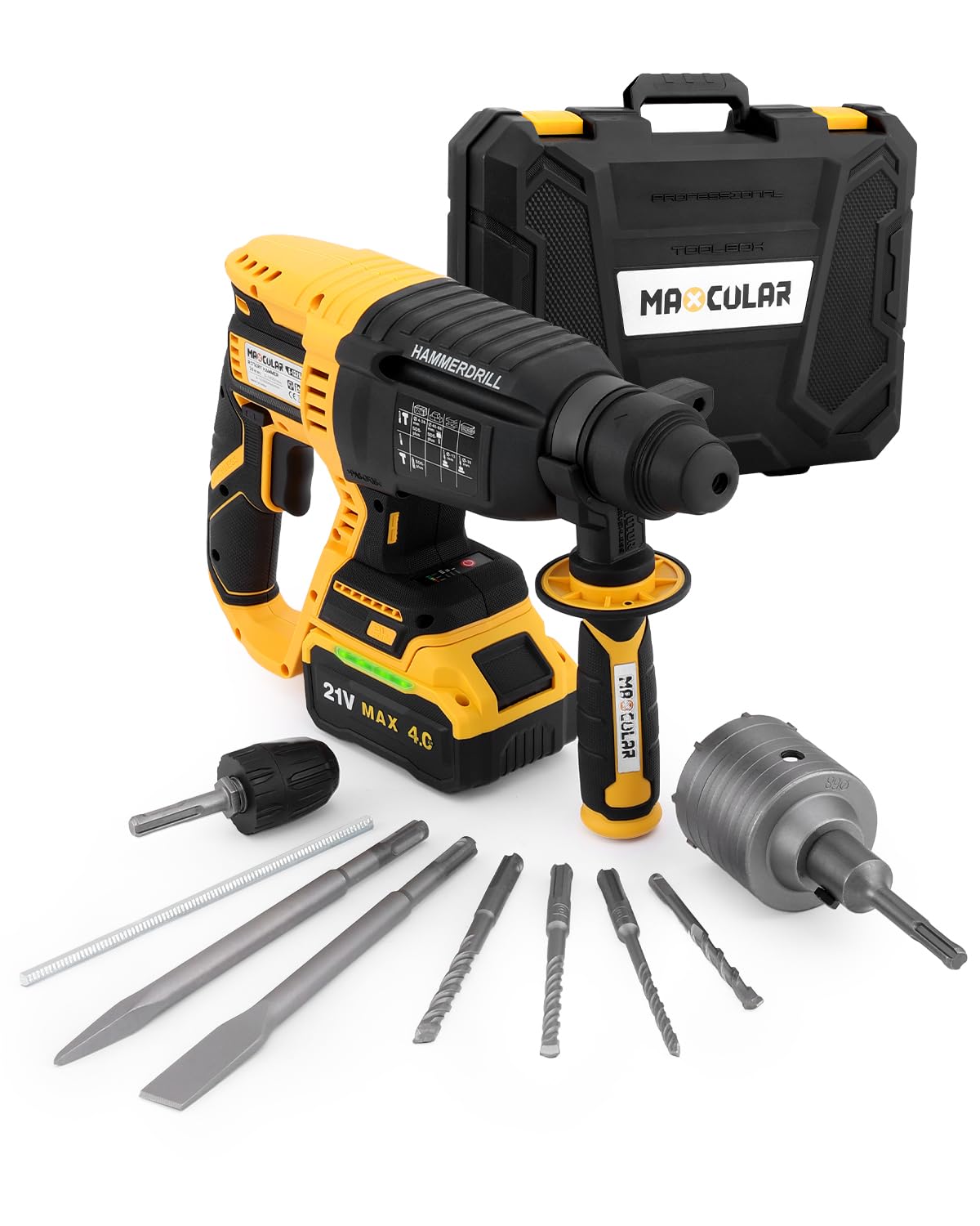 Akku Bohrhammer 21V, 2,0J Schlagkraft, 4in1 SDS-Plus 5100 BPM, 26 mm Betonbohrleistung, Bürstenlos, inkl. 2 * 4.0Ah Akku, 5tlg. Bohr-Meißel-Set, Ladegerät im Handwerkerkoffer