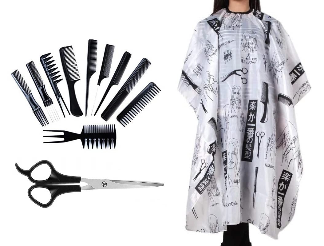 Stylewell Combo Of Professional Hair Styling Combs And Scissors Set With Printed Unisex Nylon Hair Cutting Sheet Hairdressing Gown Cape Barber Cloth Makeup Apron