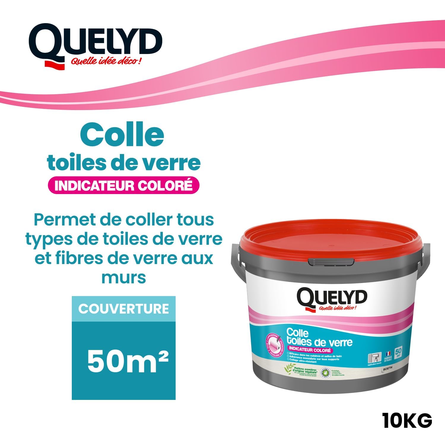 Quelyd Colle Toiles de Verre – Colle Avec Indicateur Coloré – Prête à l'Emploi – Tous Supports Muraux – Toutes Pièces dont Cuisines et Salles de Bain – Sans Solvant – Seau de 10kg (50m²)