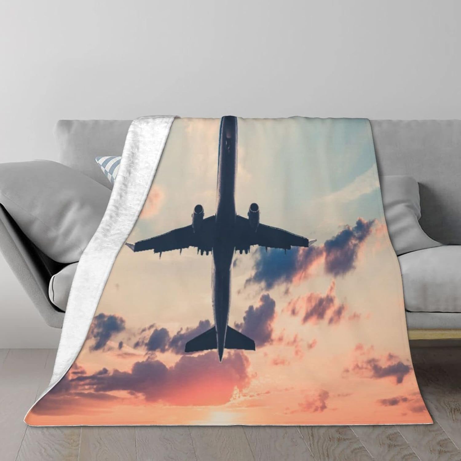 Blanket,Red Pink Aviation Airplane On Sunset Sky Aircraft