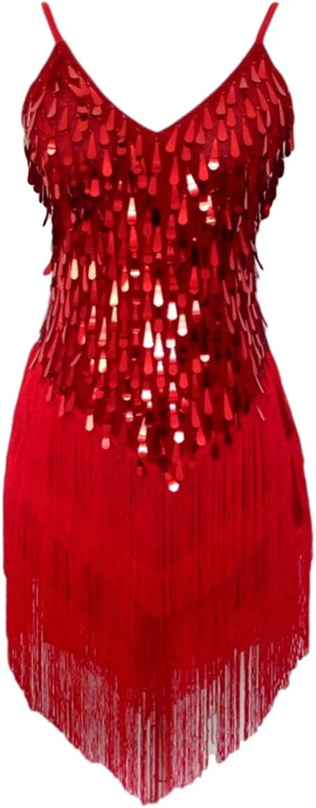 Womens flapper gatsby sequin tassel ballroom dance sling skirt red latin salsa tango samba cha cha rumba dress size 6/8/10/12
