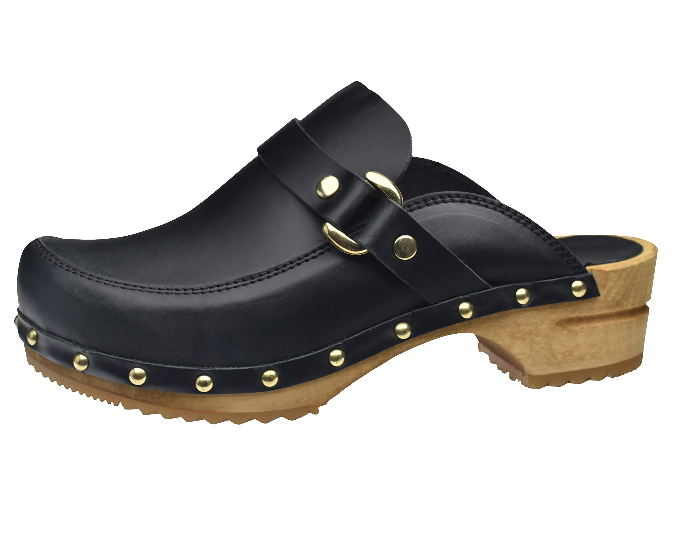 Sanita Lillen offener Clog | Original handgemacht | Leder-Holzclogs für Damen | Nachhaltige Sohle | Schwarz | 42 EU