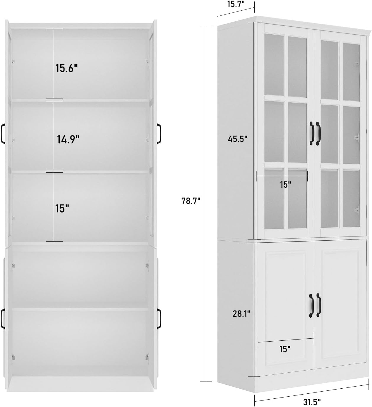 MOUMON Kitchen Pantry Storage Cabinet with Glass Doors, Pantry Organization and Kitchen Storage, Adjustable Shelves and Doors White 31.5”W x 15.7”D x 78.7”H