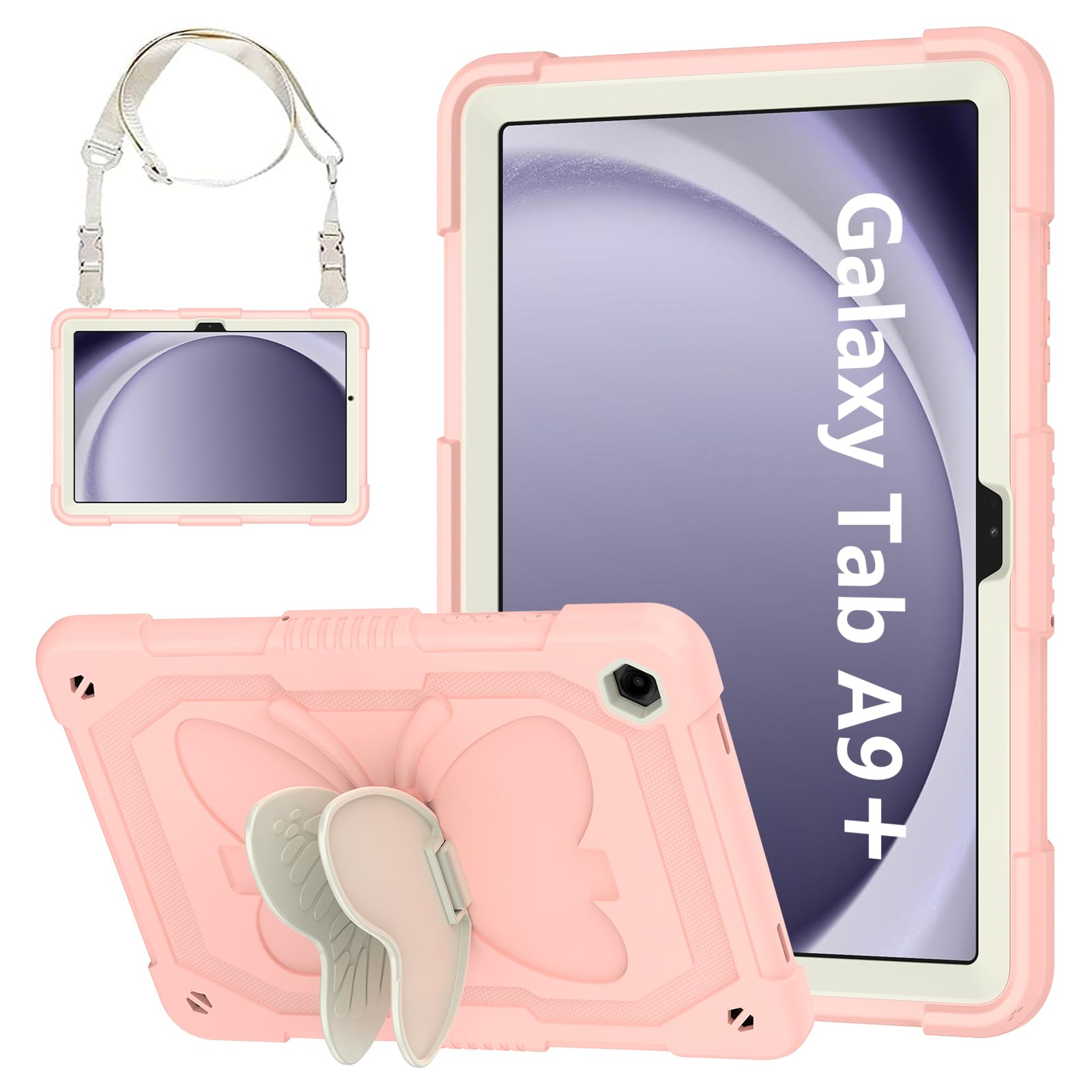 HOGENL Case for Samsung Galaxy Tab A9+/A9 Plus 11 inch 2023, Protective Cover for Galaxy Tab A9+ Tablet Kids Girls with Shoulder Strap, Butterfly Kickstand, Heave Duty Shockproof Protective - Pink