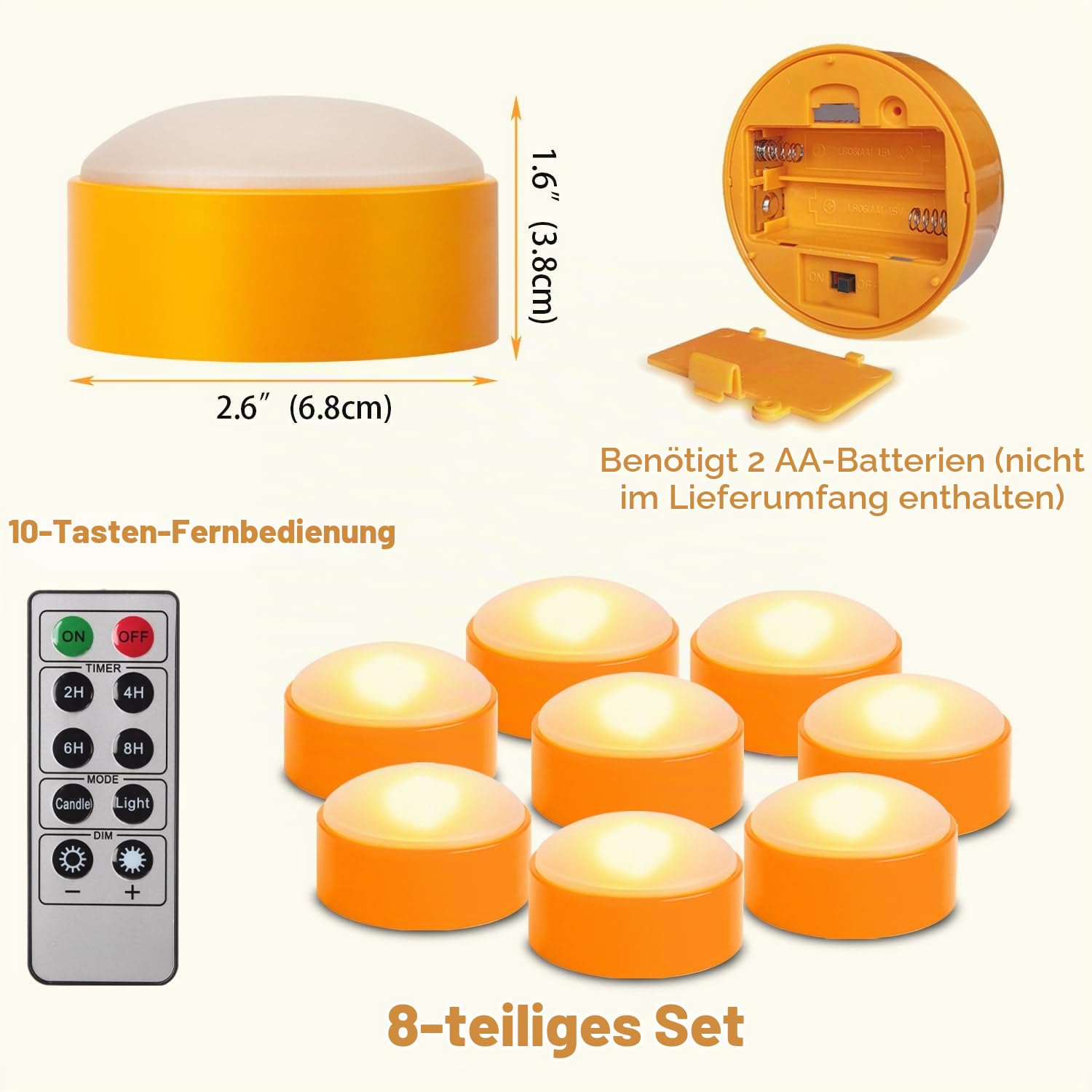8 Stück Halloween LED Kürbis Lichter mit Fernbedienung und Timer, batteriebetriebene orange Jack-O-Laterne Lichter für Halloween Dekor, flammenlose Kerzen für Kürbis Dekoration