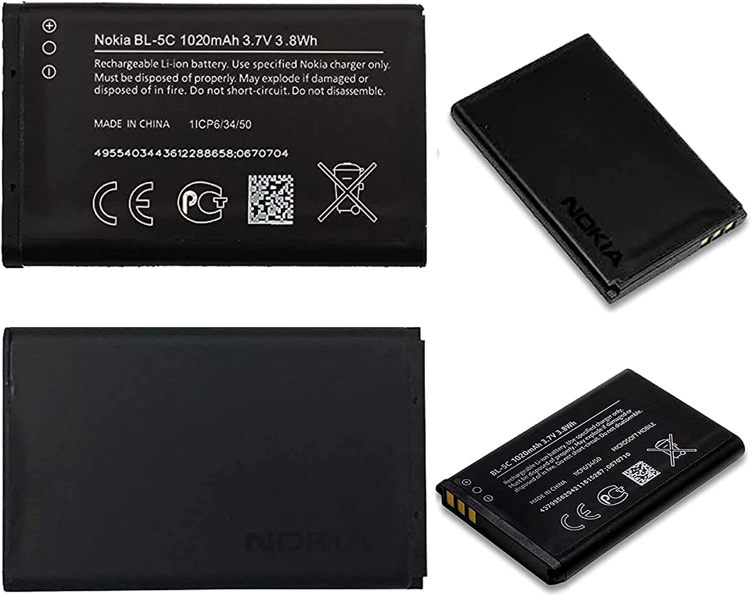 Genuine Nokia Battery BL-5C For C2 01 02 03 06 C1 7600 N70 1100 1600 2300 3100 3650 6030 6630 6670 6230 1020mAh 3.7V 3.8Wh (BULK PACKAGING) [does not fit new nokia C02]