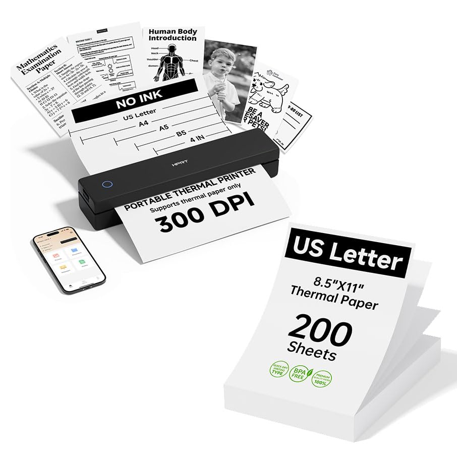Image of HPRT Inkless Portable Printer Wireless for Travel,Thermal Printer MT610 Pro,300 DPI,Black Thermal Printer Paper 8.5 x 11 Inch US Letter,200 Sheets