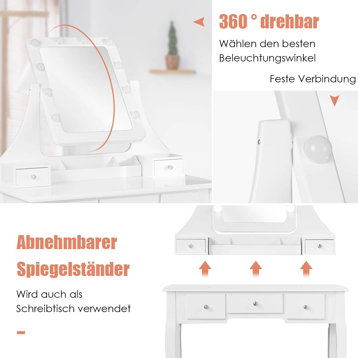 COSTWAY Make-uptafel met ledverlichting, instelbare helderheid, kaptafel met 5 laden, kruk en 360° draaibare spiegel, make-uptafel voor slaapkamer ( wit