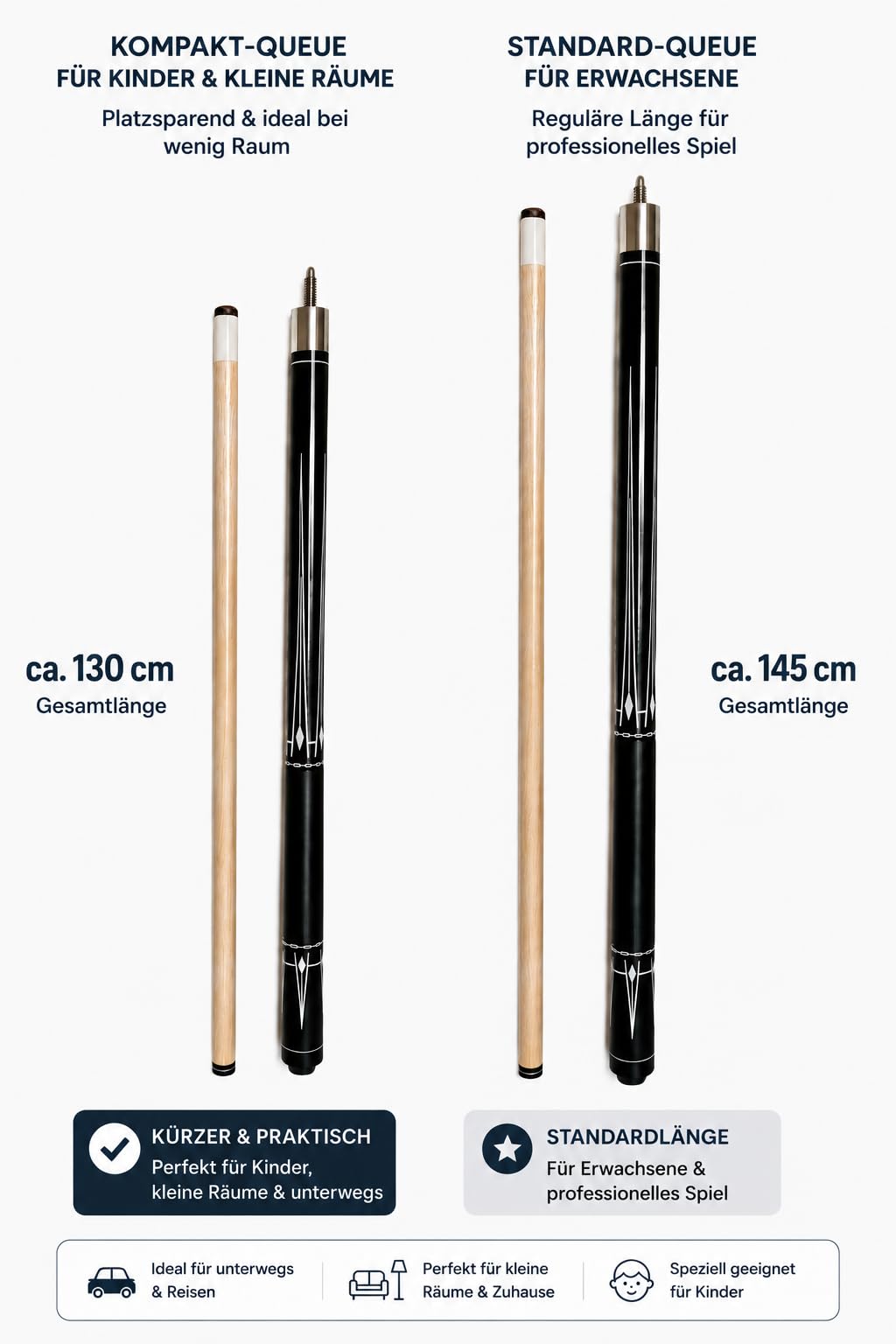 John West Junior Pool Billardqueue 130 cm | 2-teilig, Metallgewinde, Griffband, 13 mm Klebeleder