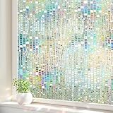 ALIUNI Window Privacy Film, Stained Glass Window Films 3D Rainbow Decorative Static Cling Iridescent Window Tint Heat Blocking Decals Covering for Home Door Vinyl (11.8 x 78.7IN)