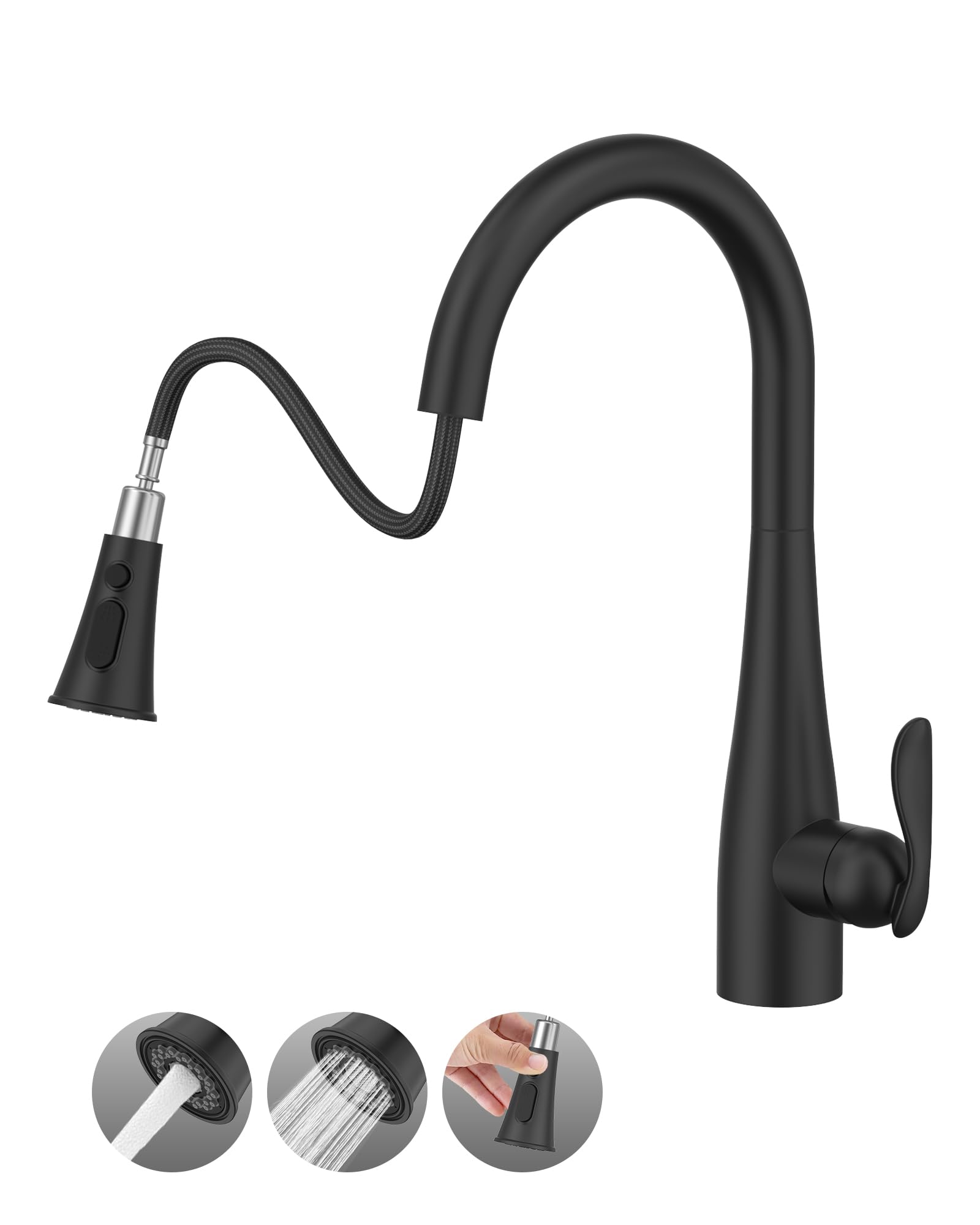 Mbillion Wasserhahn Küche, Hochdruck Küchenarmatur mit Brause, Armatur Küche mit 3 Strahlarten, 1 oder 3 Löcher, für Bauernhaus, Gewerbe, Wohnmobil, Wäscherei (mattschwarz)