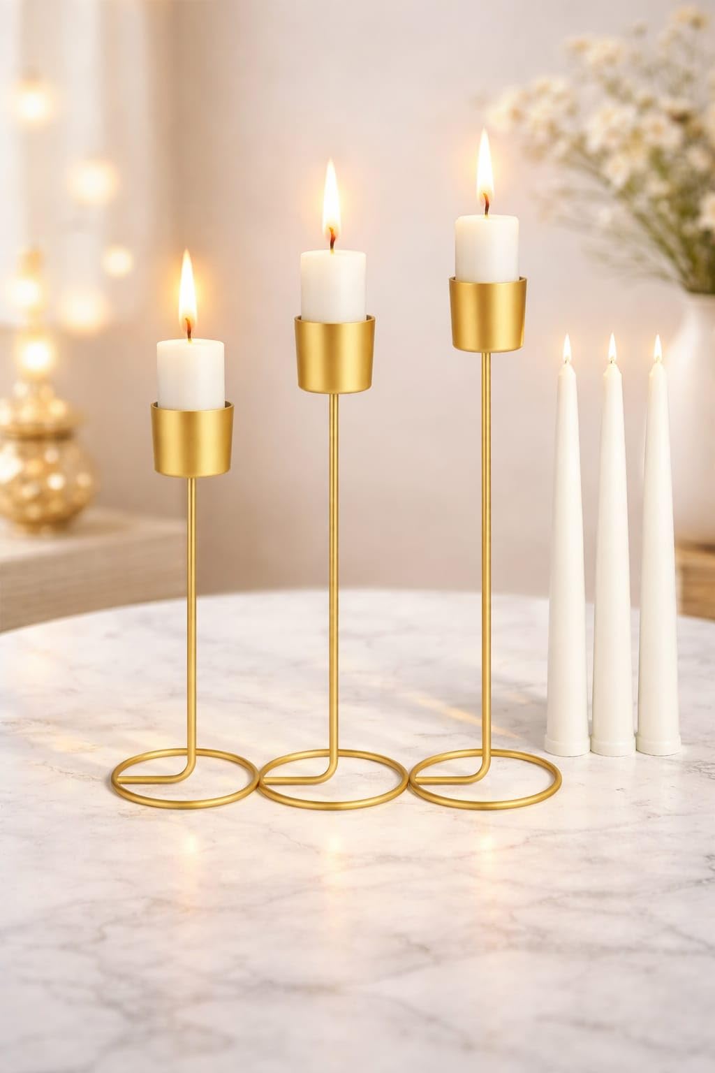 Candle Stand Set of 3 Gold Metal | Decorative Candles Holder for Home Decor, Table Centerpiece, Living Room, Dining Area, Wedding Decoration, Festival Decor, Gift Item