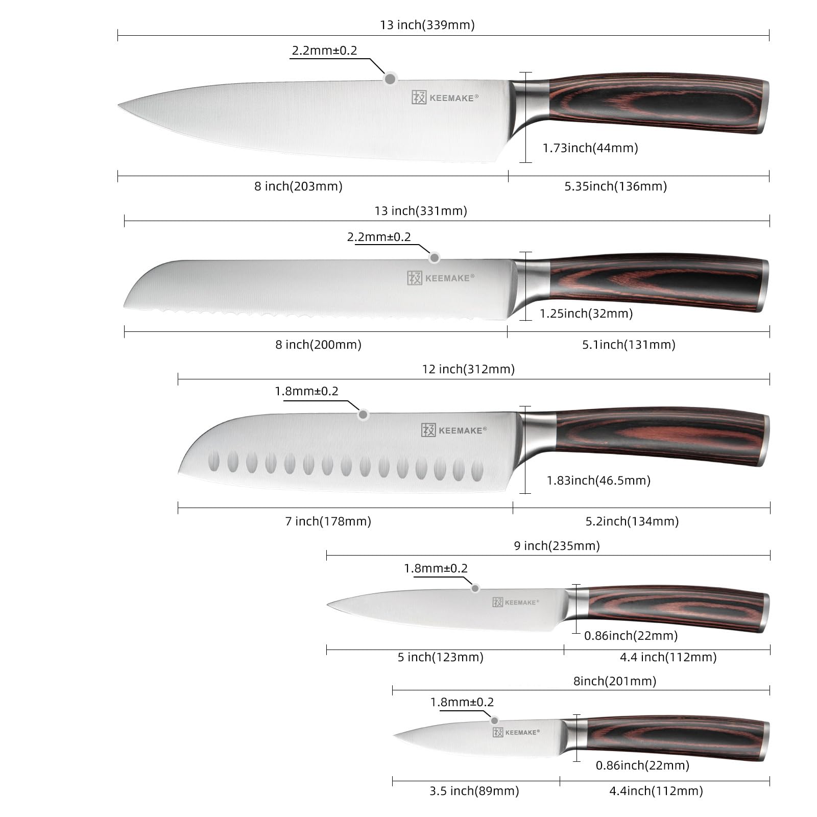 KEEMAKE Set Coltelli da Cucina Professionali - Coltelli da Cucina in Acciaio Inossidabile 5 pezzi, Spelucchino Coltello Santoku Chef Pane Universale, Manico in Pakkawood