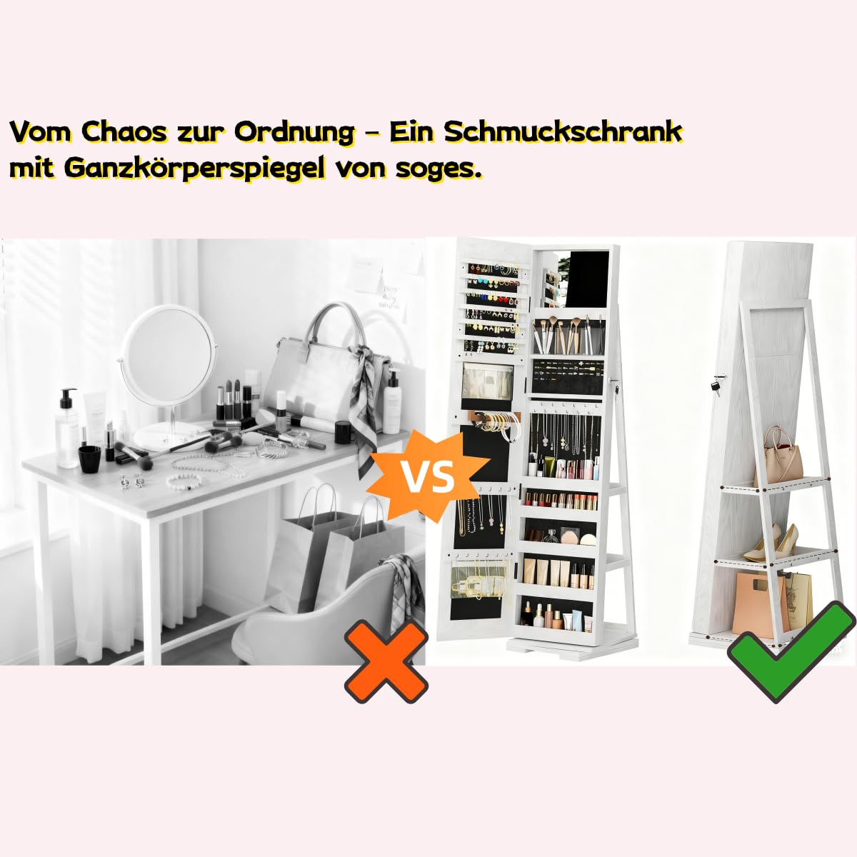 soges Armario Tocador con Espejo de Pie - Compartimento con Llave, 160 cm Altura, 360° Giratorio • Ideal para Joyas, Cosméticos y Bolsos • Perfecto para Dormitorio y Vestidor, Blanco