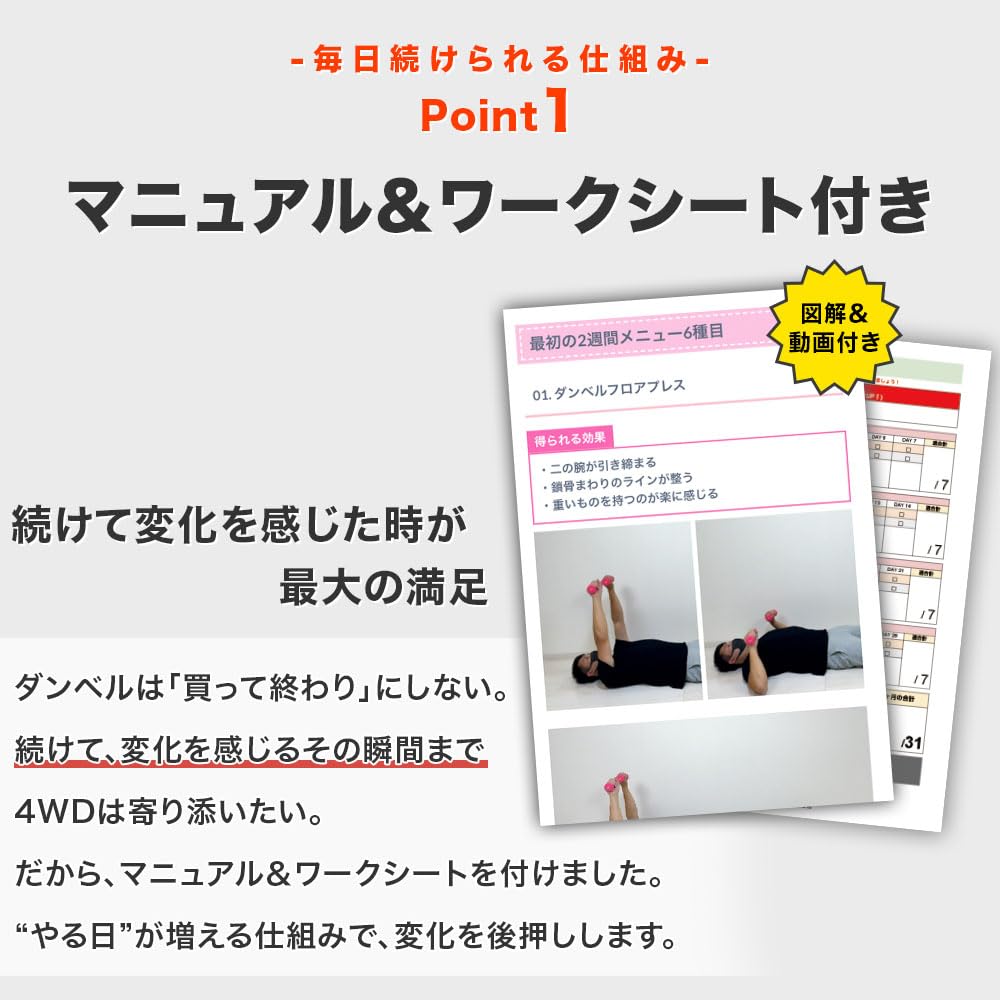 4WD ダンベル 1kg 2kg 3kg 4kg 5kg 2個セット トレーニングマニュアル付き ワークシート付き 女性 男性 初心者 ソフトコーティング 筋トレ ダンベルセット ダイエット エクササイズ フィットネス スポーツ ジム - 4