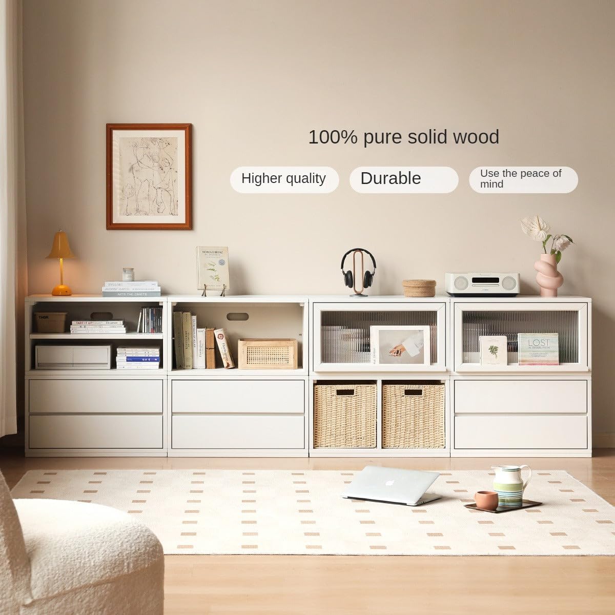 GVAwood Poplar Solid Wood TV Cabinet Floor Cabinet Cream Style, 27.6х13.8х15.8 inch / 70х35х40 сm/Warm White Color/Space Style