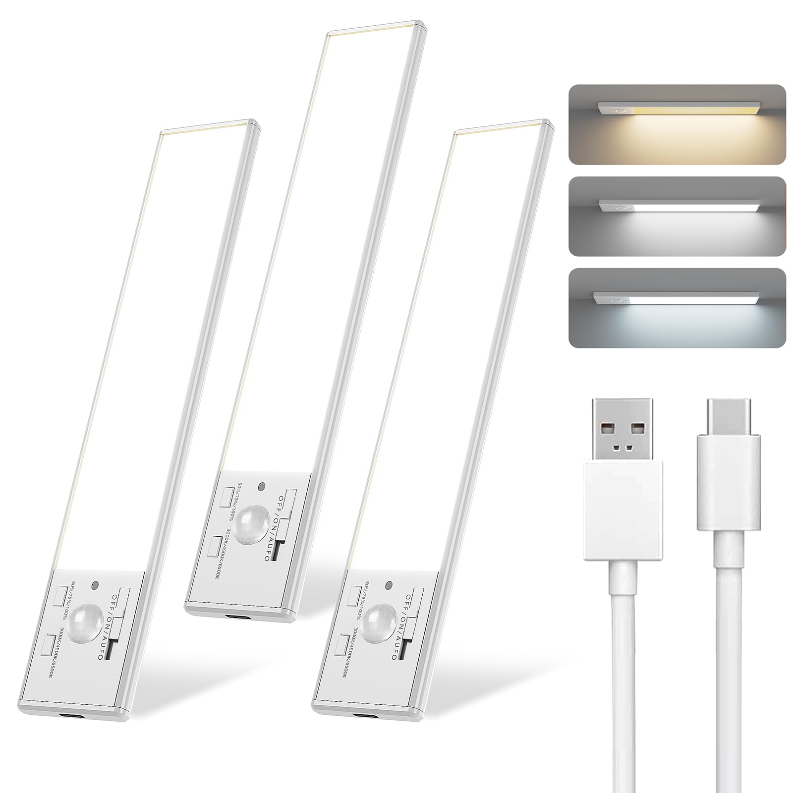 FBY Under Cabinet Lighting,1800mAh USB Rechargeable Closet Light, 8-Inch LED Motion Sensor Indoor, 3-Level Adjustable Brightness and 3 Color Temperature Options (3Pack)