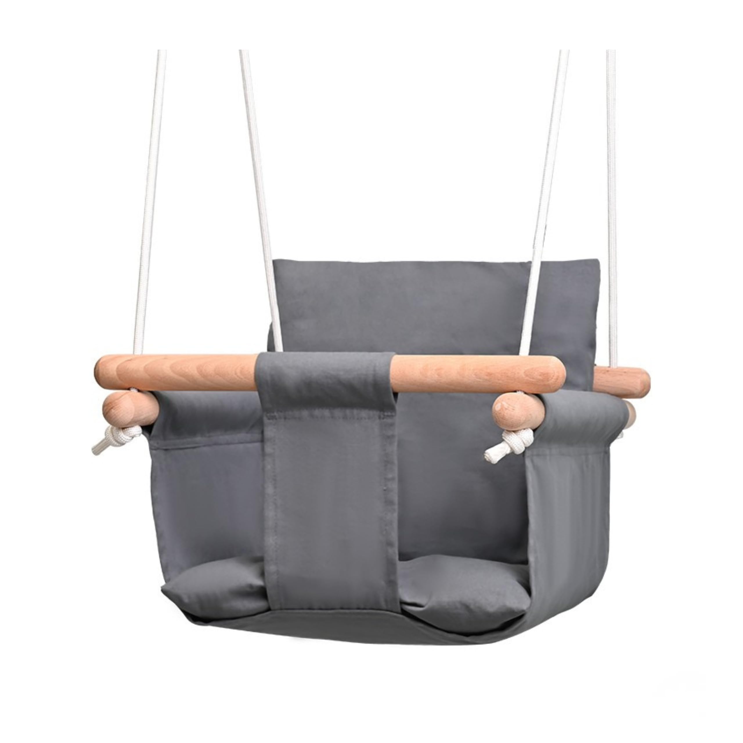 Altalena per Neonati e Bambini - Altalena da Interno in 100% Cotone e Legno di Faggio - Cintura di Sicurezza - Regolabile in Altezza - fino a 30 kg - Cuscino Grigio