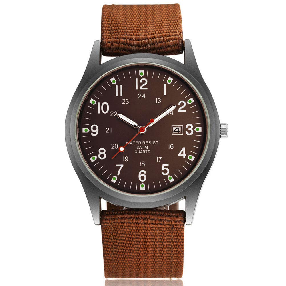 Bonbela Mens Luminous Watch Quartz Watch with Woven Nylon Strap Glow in the Dark Watch Night Vision Watch for Business Casual (Brown)