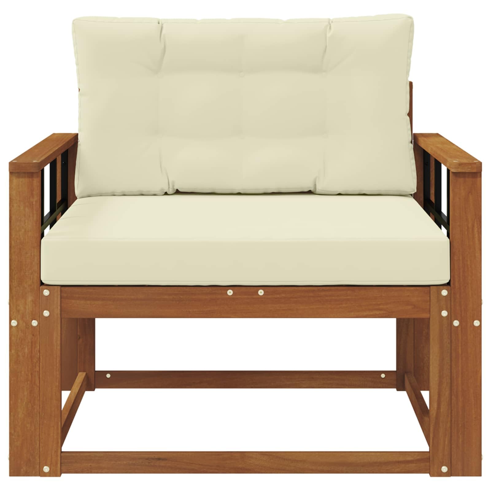 Sofa środkowa do użytku na zewnątrz, naturalna z litego drewna akacjowego, odporna na warunki atmosferyczne, modułowa sofa z podłokietnikami w kształcie kratki, poduszka do siedzenia i