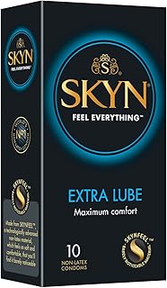 SKYN Extra Lube Condoms Pack of 10 SKYNFEEL Latex Free Condoms for Men, Regular Size Condoms, Extra Lubricated, Thin Condoms, Smooth Straight Shape, Lubricated, 53mm Wide