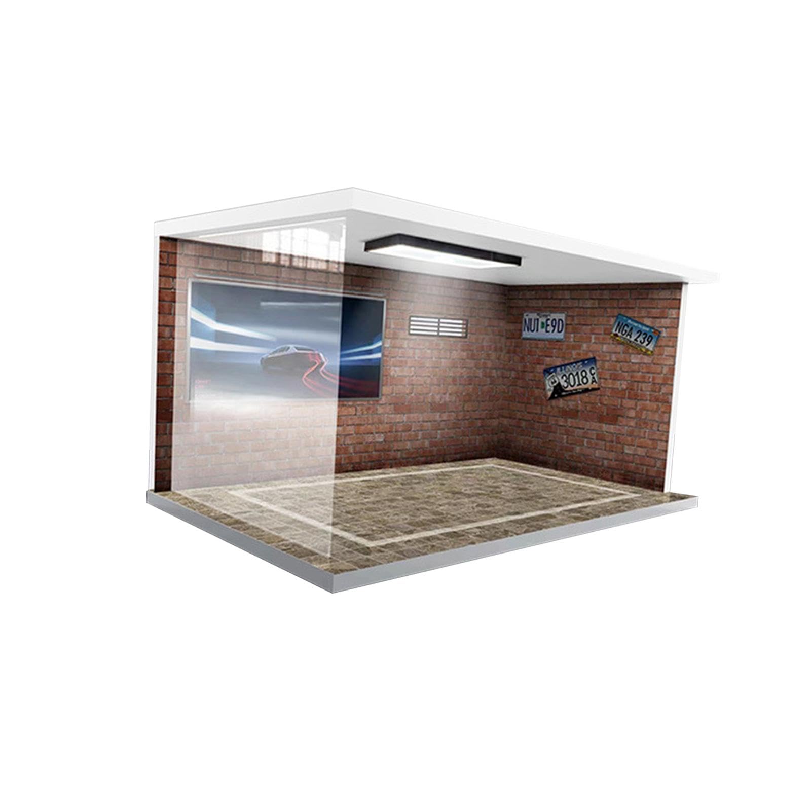 predolo Contenitori per Esposizione in Scala 1/18 per Garage Con Protezione Luci, Scena Di Parcheggio, Mini Vetrina Modellini in Pvc E Acrilico per Auto Pressofusa, Mattoni Rossi
