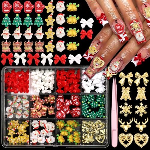 Image of RODAKY 120PCS Christmas Nail Charms 3D Resin Santa Claus Nails Gems Colorful Cute Elk Snowmen Trees Nail Charm Gloves Bow Star Xmas Charms for Women DIY Manicure Decorations