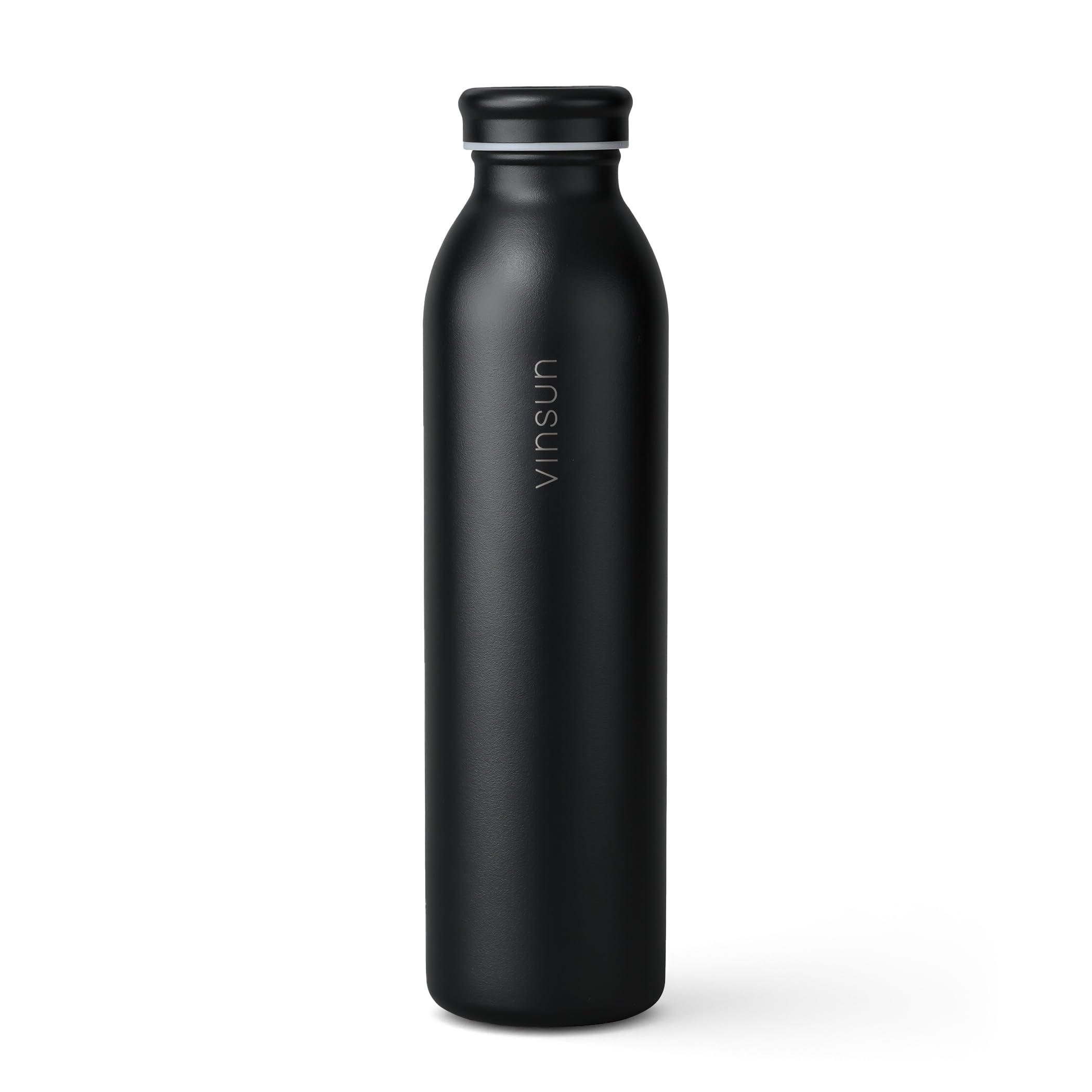 Vinsun Trinkflasche Edelstahl 600ml Schwarz - auslaufsicher, Kohlensäure geeignet, BPA frei, doppelwandig isoliert - robuste Thermoflasche für Sport, Büro, Reisen, Fitness