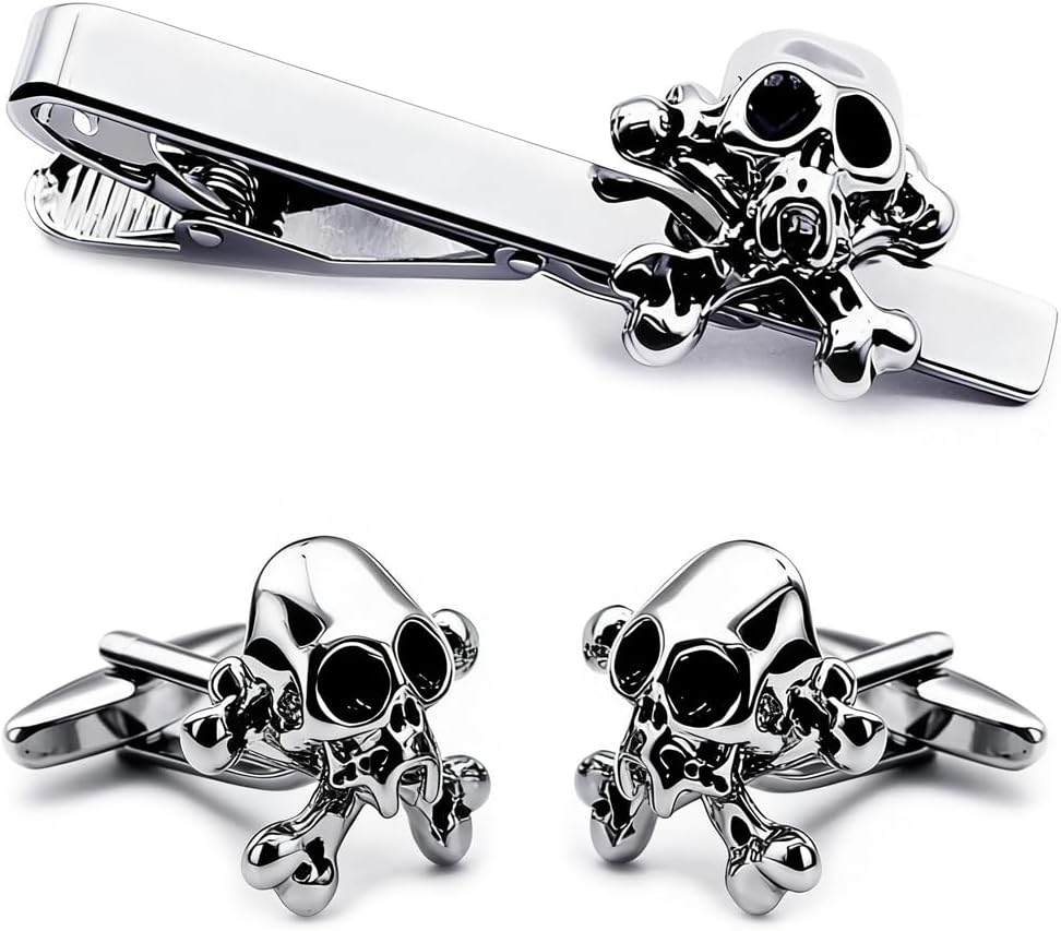 Men's Skull & Crossbones Tie Clip and Cufflinks Set, Gothic Pirate Style Silver Tie Bar & Cuff Links for Men , Groomsmen Wedding & Business Formal Wear/Halloween/Cosplay Accessory Jewelry with Gift Box