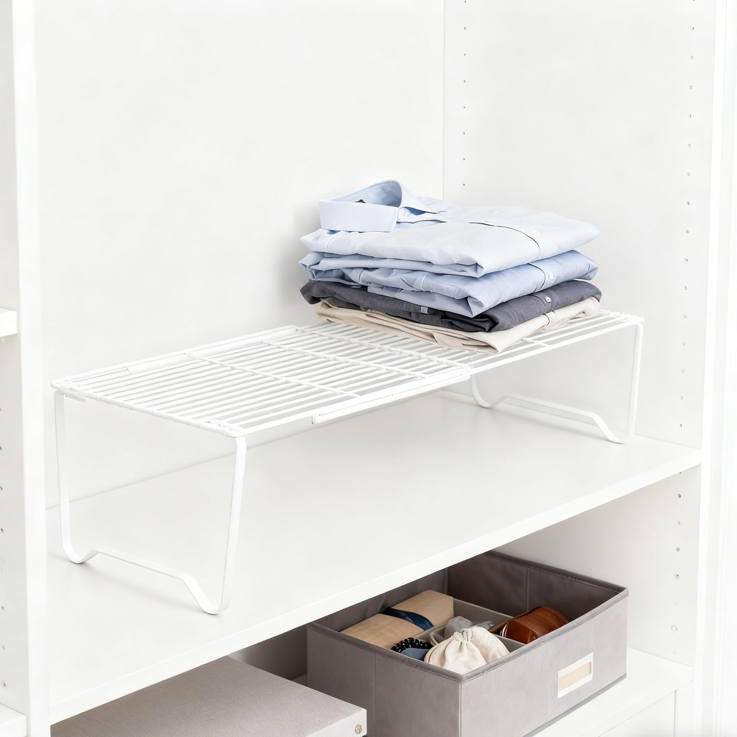 Extendable Metal Wire Shelf Organizer - Adjustable 15-24.4in Length, Stackable Storage Rack for Kitchen, Pantry, Bathroom, Shoe Cabinet & Tool Closet (2 Pack, White)