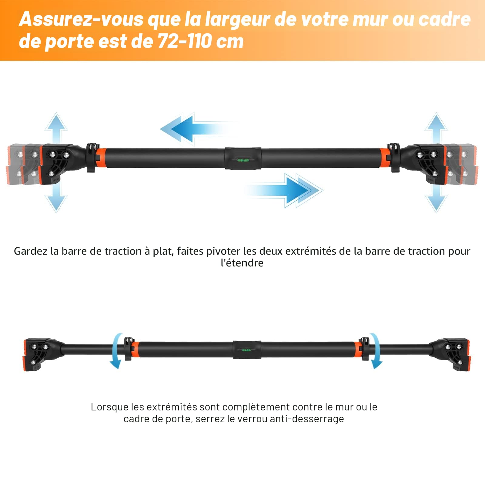 Barre de traction réglable (75-108 cm), sans perçage, barre de traction avec tapis antidérapant et fermeture de sécurité pour le fitness à la maison, maximum 200 kg