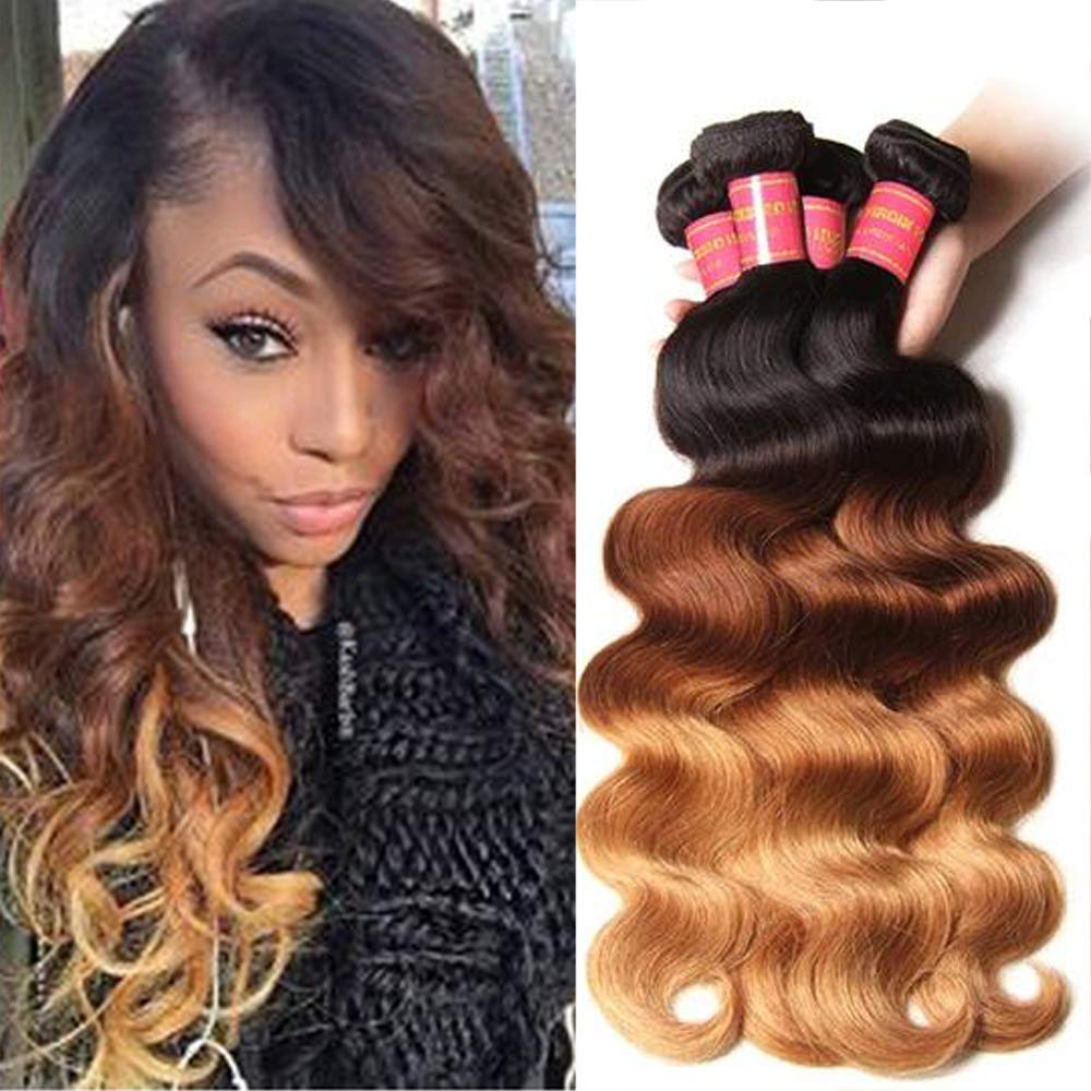 Sunber 10A Ombre Body Wave Hair 3 Bundles Ombre Human hair Body Wave Hair Brazilian Remy Hair Body Wave 100% Human Hair Extensions 3 Tone 1b 4 27 Color (16 18 20)