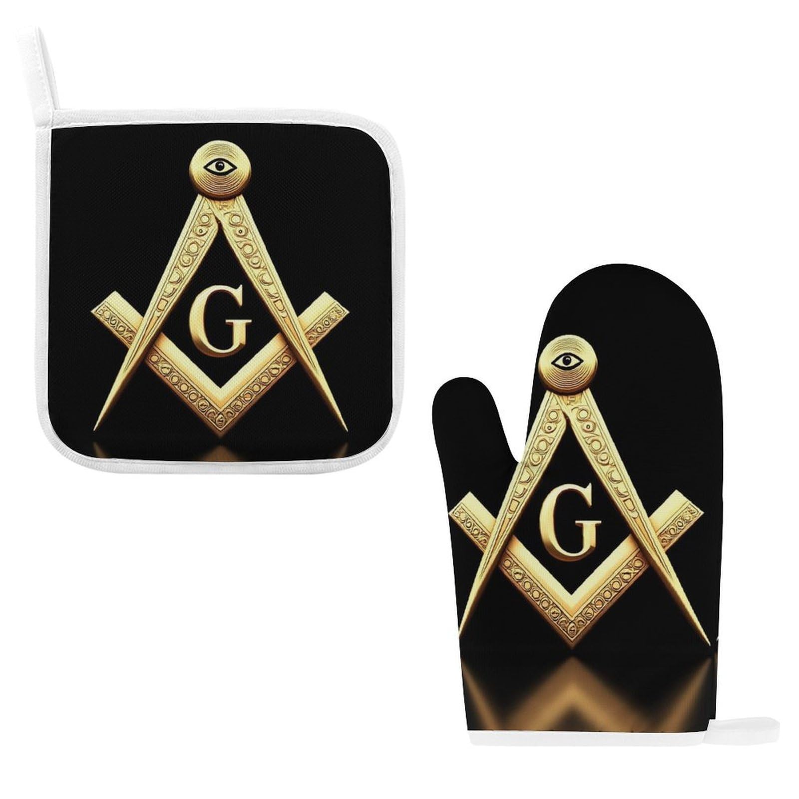 Oven Mitts Insulating Gloves for Kitchen, Baking, BBQ, Grilling, Barbecue Gold Freemason Freemasonry Masonic