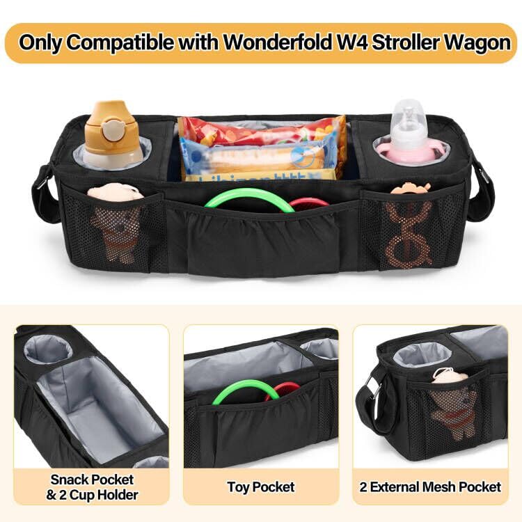 Condition photo showing New/Like New for wagon parent console only compatible with wonderfold w4, stroller snack tray, 2 insulated cup holders, black