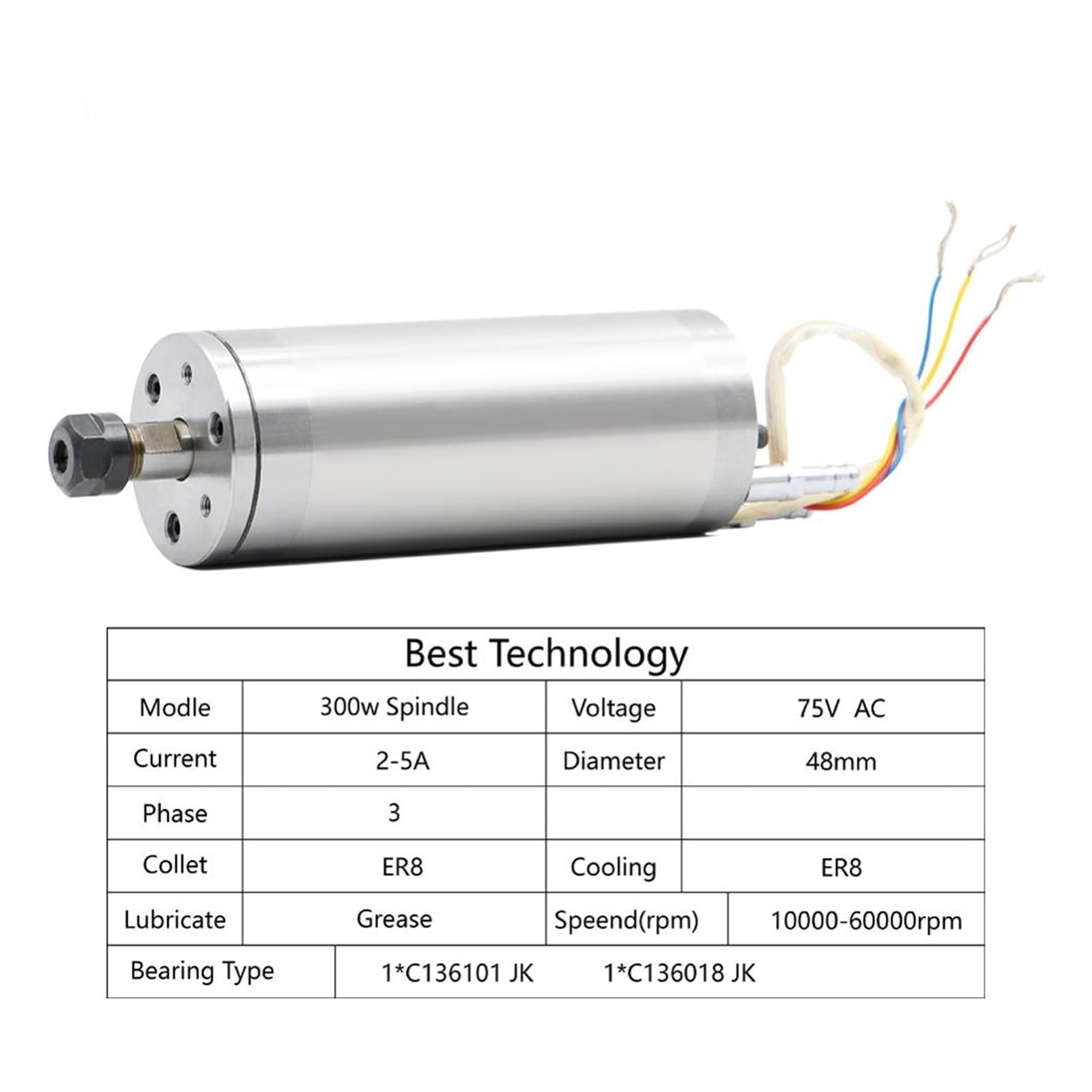 Silnik Wrzecionowy Chłodzony Wodą 75vAC 300w ER8 0-60000 Obr./min Wrzeciono Szybkoobrotowe 48 * 130mm Chłodzenie Wodne Misterna Rzeźba Wysoce Zoptymalizowany