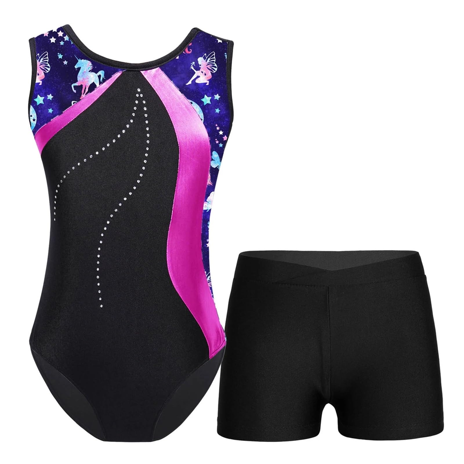 Gymnastikanzug Mädchen Mädchen Ballettanzug Gymnastikanzug mit Shorts Tanzkleidung Ärmellos Strasssteine ​​Eiskunstlaufanzug(A-Blue Pink,8)