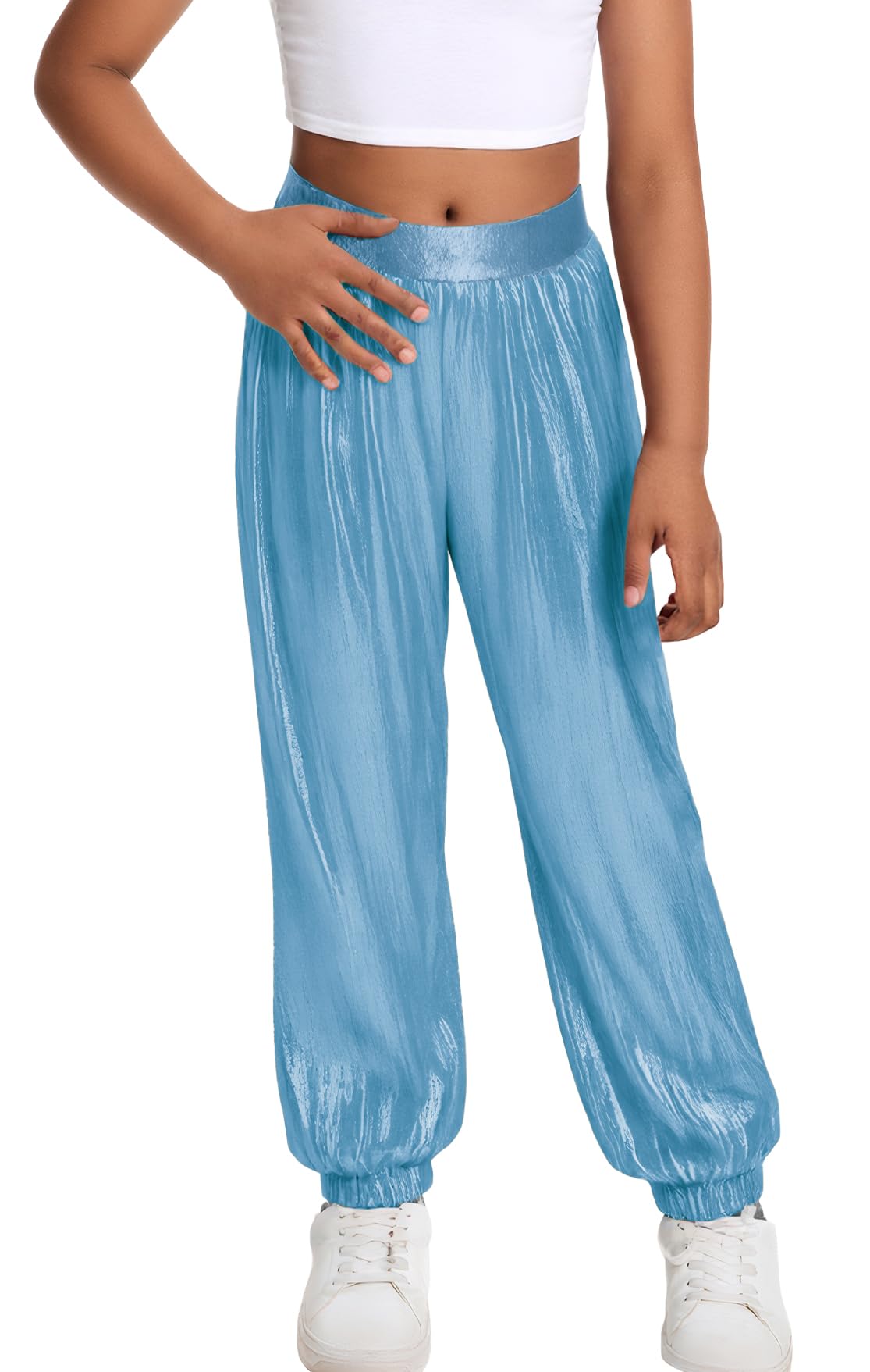 SEAUR Pantalones brillantes para niños y niñas, pantalones de baile hip hop, pantalones de chándal metálicos, festival, fiesta, danza, ropa de calle 110-160 = (EU 104-158)