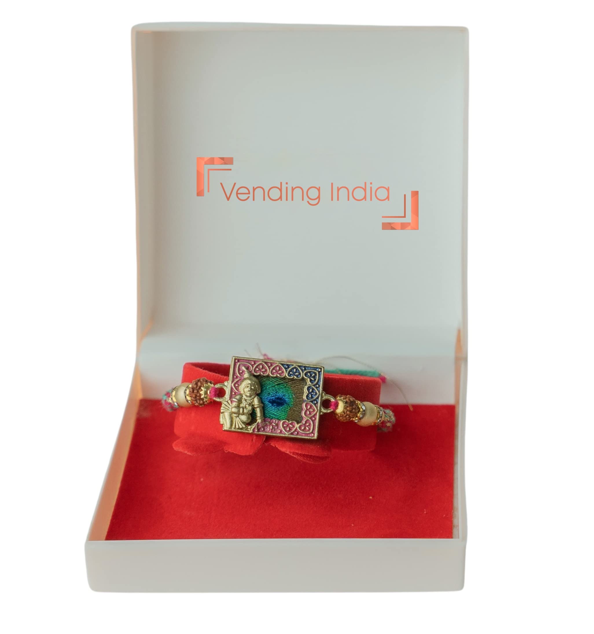 Vending India Boys Premium Rakhi | Krishna Set On Real Peacock Feather | Rakhi For Brother In A Luxury Jewellery Box Combo With Roli, Chawal, Chandan & Mishri In A Rakshabandhan Card (B0B3TNQXB8) Amazon Price History, Amazon Price Tracker