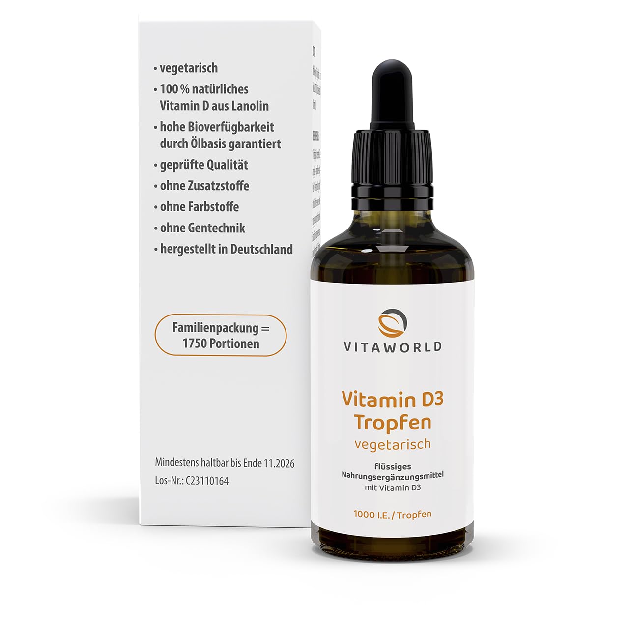 3er Pack Vita World Vitamin D3 Tropfen 1.000 I.E. 3 x 50 ml Lanolin vegetarisch Deutsche Apotheker-Herstellung