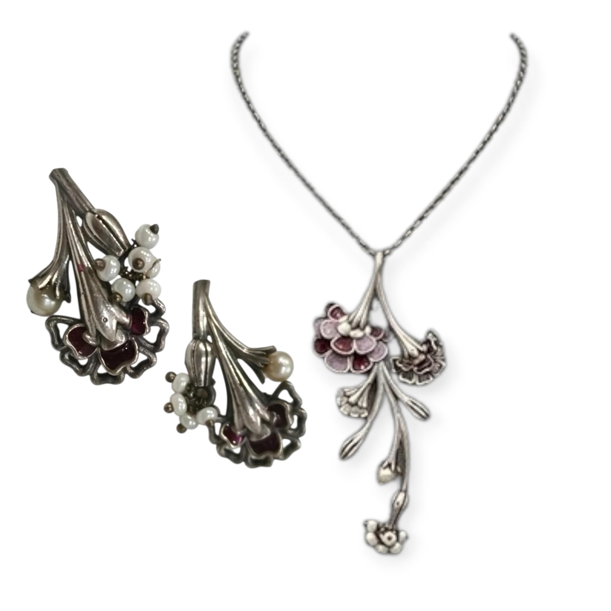 Silver Floral Pendant Necklace Chain with Earrings Set, Pearl and Ruby Enamel Accents-image-9