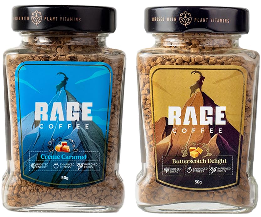 Image of Rage Coffee Combo Pack of 2 - Butterscotch Delight & Creme Caramel Flavoured Instant Crystal Coffee 50 Gms Each