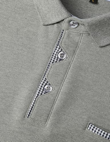 VMSUCIJ Polo Hombre Manga Larga Tejido Oxford Patchwork Camiseta Cuadros Patchwork Cuello Tapeta Clásico Golf Tenis Camiseta con Bolsillo,48-Gris,3XL