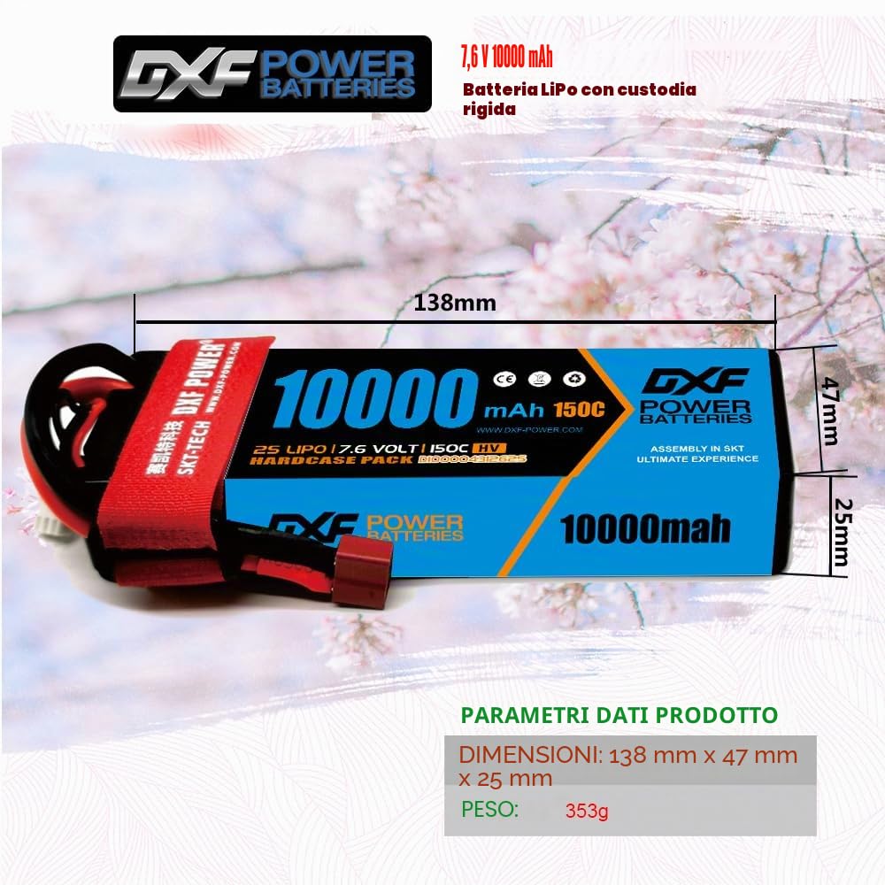 DXF 2s batteria lipo ad alte prestazioni - 2 confezioni lipo 2s 10000mAh Deans/T capacità, 150C di scarica per 1/8 & 1/10 Auto, Strada, Team associated, assiale e altro ancora - perfetta vestibilità e