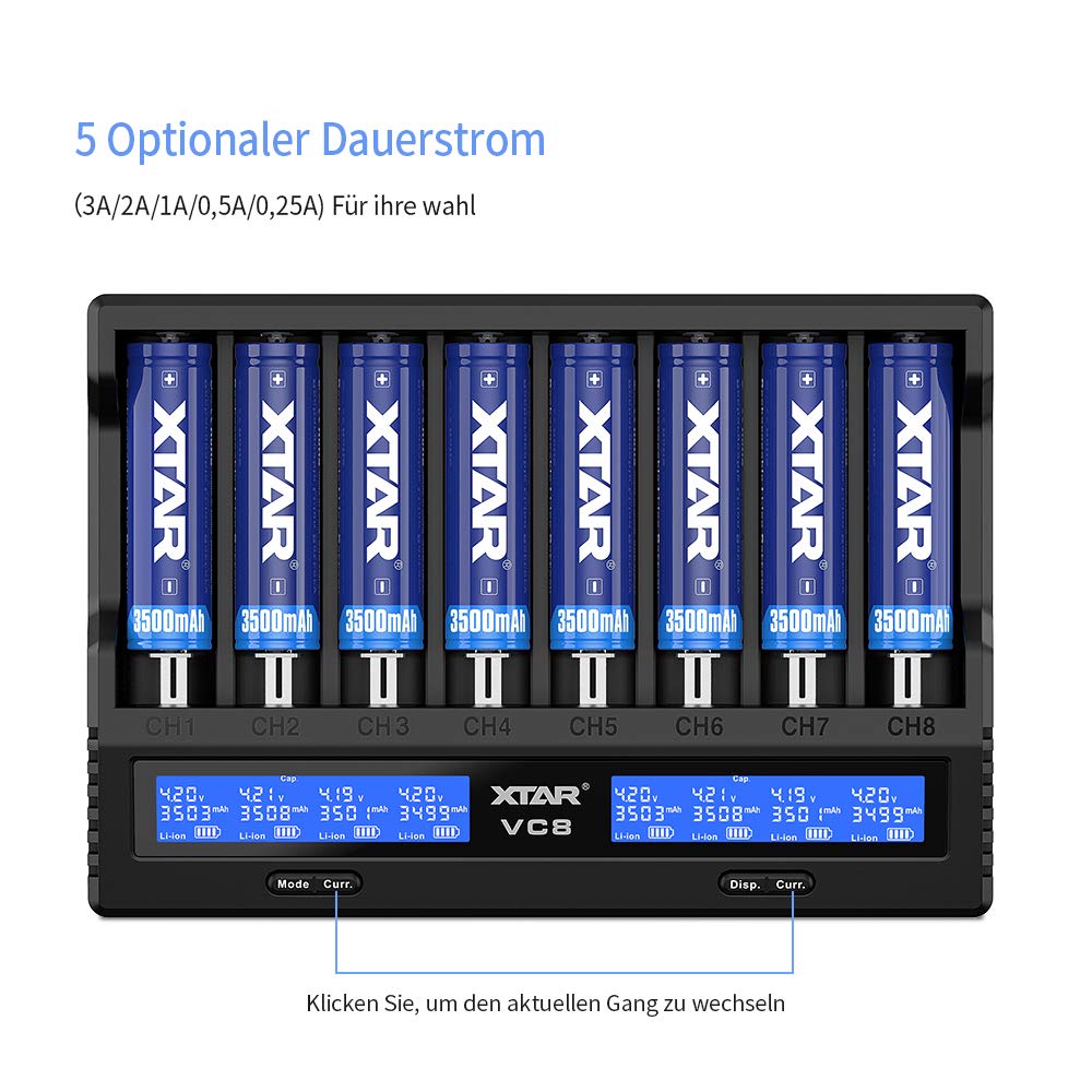 XTAR VC8 Ladegerät 8 Einschübe LCD-Anzeige für 3,6V/3,7V Li-Ion 18650 21700 AA NI-MH Batteriekapazität Testfunktion