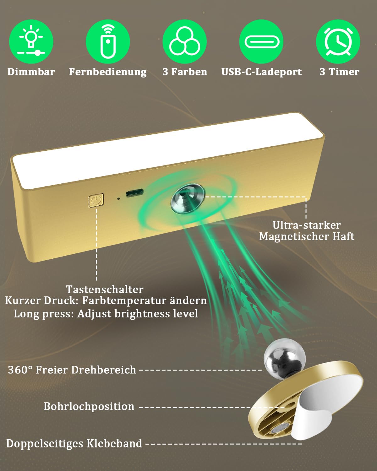Toowell Lampada da parete a batteria senza collegamento di alimentazione, lampada da parete senza fili per interni con telecomando, funzionamento a batteria, luce senza corrente, oro, ricaricabile