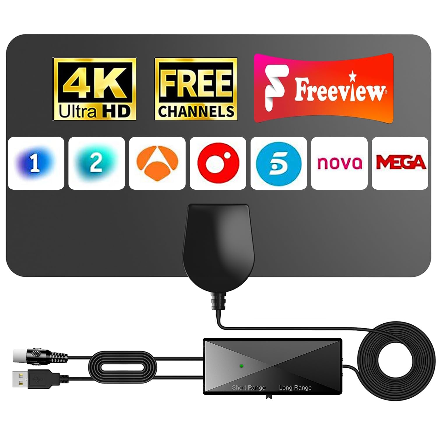 Antena TV Digital Interior – Señal Estable y Alcance de Larga Distancia, Compatible con 4K/1080P, Canales Gratuitos y Locales, Instalación Rápida y Sin Complicaciones