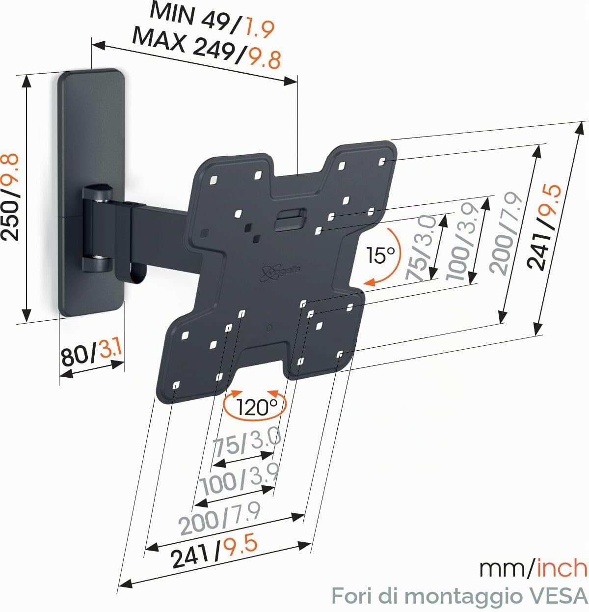 Vogel’s TVM 1225 Supporto TV girevole per televisori da 19-43 pollici, Max. 15 kg, Orientabile fino a 120°, Staffa da parete per TV full-motion max. VESA 200x200