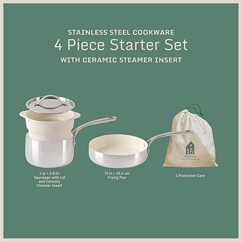 Miniatura 2 de Bloomhouse Juego de 4 ollas y sartenes de acero inoxidable triple con interior de cerámica antiadherente no tóxico e inserto de vapor de cerámica