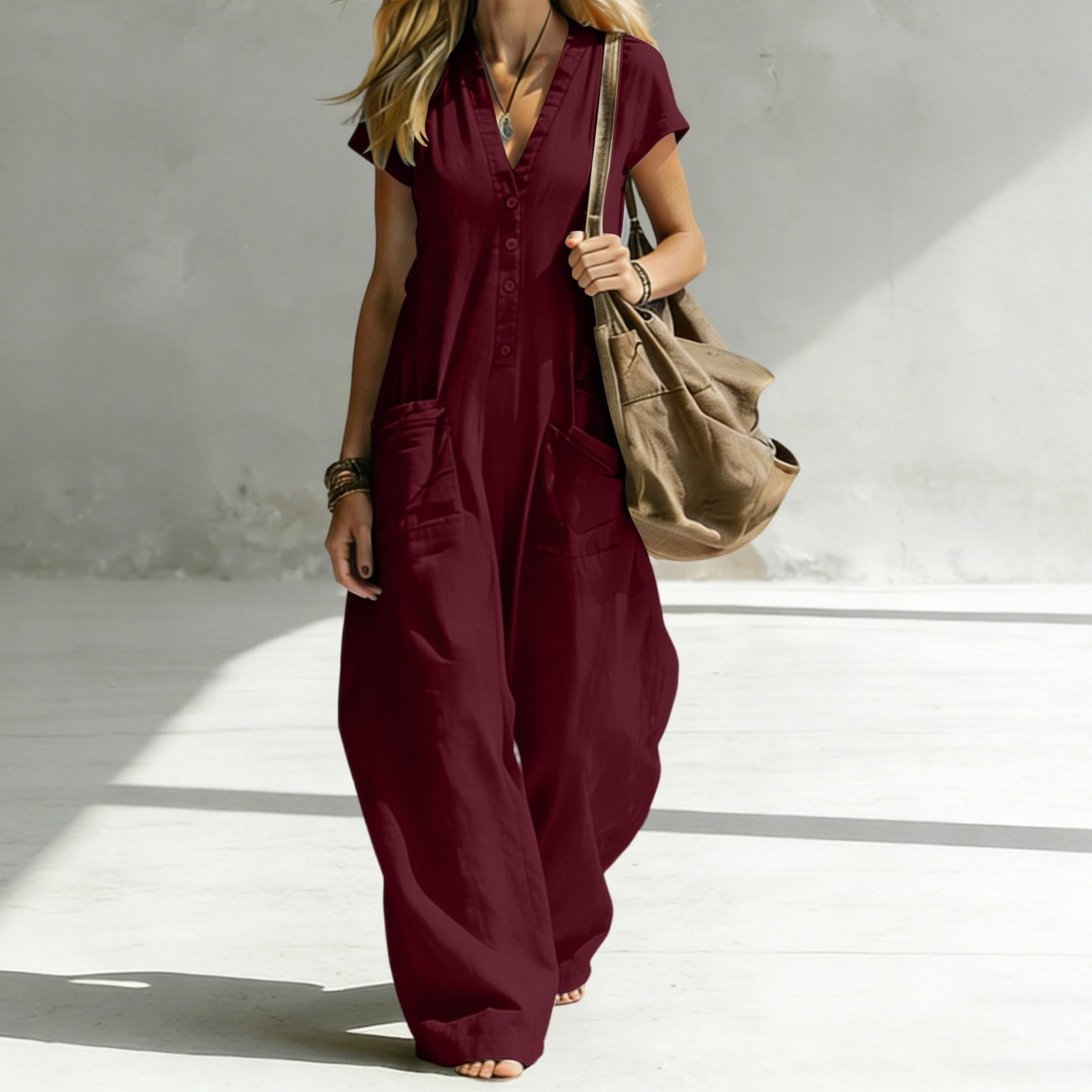 Generisch Mono para mujer de pierna ancha, sin mangas, cuello en V, una pieza, holgado, informal, suelto, con bolsillo, traje de lino de color liso